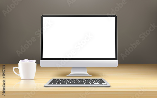 Modern computer with blank screen on a wood mirror table. 3d vector banner with copy space