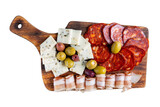Charcuterie and cheese plate on wooden board isolated on white. Serbian meze - kulen sausage, balkan bacon, goat cheese and olives. Top view.