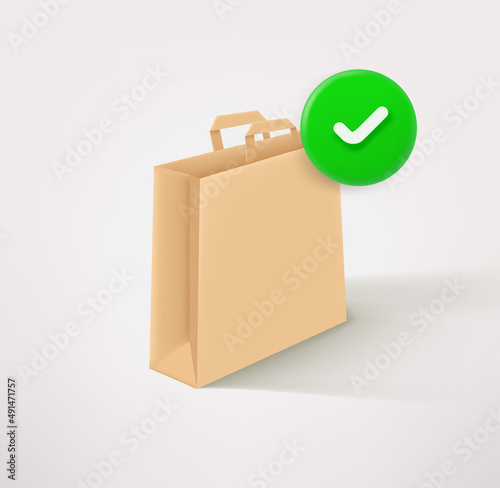 Craft paper eco shopping bag icon with checkmark. 3d vector icon