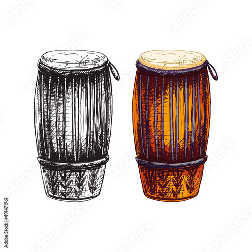 129_congas, darbuka_congas high cuban drum, percussion instrument, traditional percussion, hand drawing, colorful, isolated, set, black and white, colored