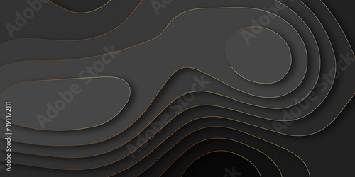 Luxurious Black papercut background. Abstract realistic paper cut decoration textured with wavy layers. Geometric cut paper black luxury background with gold elements, topography map concept. 