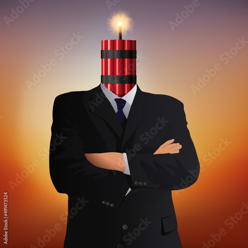 Homme d’affaires avec une bombe à la place de la tête montrant une mèche allumée sur des bâtons de dynamite.