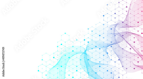 Abstract biology and pharmaceutical technology background. Health care and medical background with hexagons shapes. Flowing wave lines and hexagons. Vector illustration