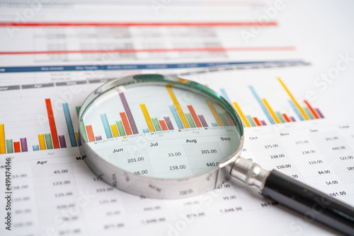 Magnifying glass on charts graphs paper. Financial development, Banking Account, Statistics, Investment Analytic research data economy, Stock exchange trading, Business office company meeting concept.