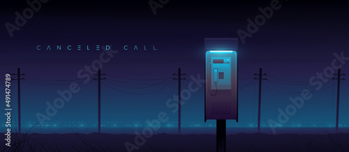 Phone booth on the background of the abandoned desert landscape