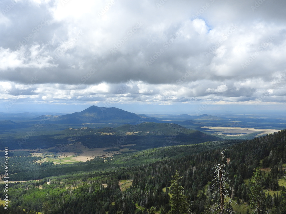 Scenic view of the Arizona landscape from the western slope of Mount Humphreys, in the Coconino National Forest. 