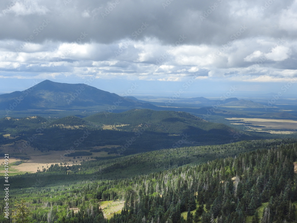 Scenic view of the Arizona landscape from the western slope of Mount Humphreys, in the Coconino National Forest. 