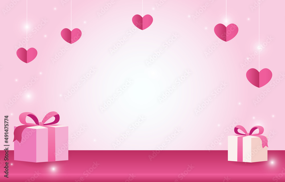 Pink stage for placing products. 
Empty cylinder podium. Concept of love or Valentine's Day. Sweet pink background decorated with hearts, Gift boxes, and shopping bags. Designed for background, banner