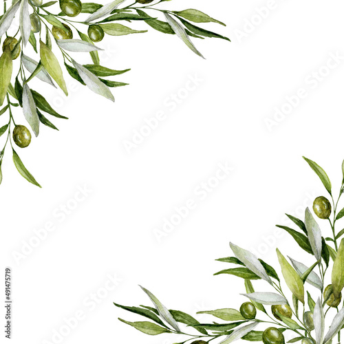 Floral Split Corner, Watercolor Floral Border with Olive branches, Green Olive Frame, Olive Berries and Branches Border, Hand painted Exotic illustration on white background