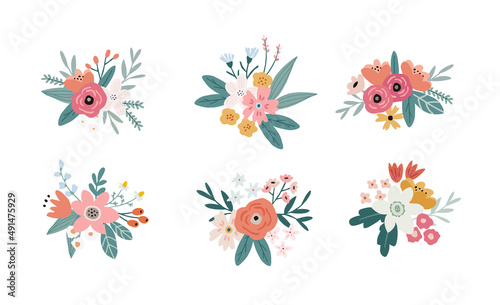 Set of springtime, summer bouquets made of tulips, roses, narcissus flowers and leaves. Floral decoration. Isolated vector objects., flat design. For wedding, birthday cards, invitations, web banners.