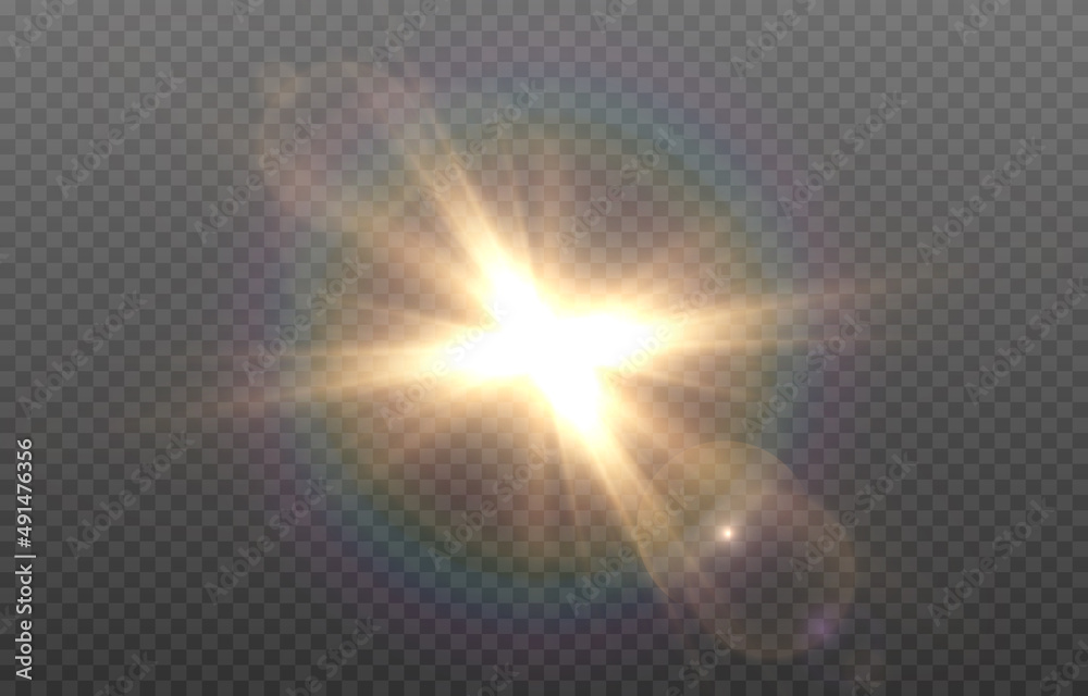 Vector golden light with glare. Sun, sun rays, dawn, glare from the sun png. Gold flare png, glare from flare png.
