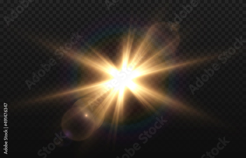 Vector golden light with glare. Sun, sun rays, dawn, glare from the sun png. Gold flare png, glare from flare png.