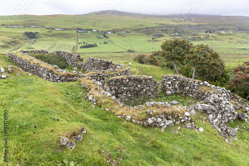 The ruins of a croft and barn in Glen Uig in the north of the Isle of Skye, Highland, Scotland UK.