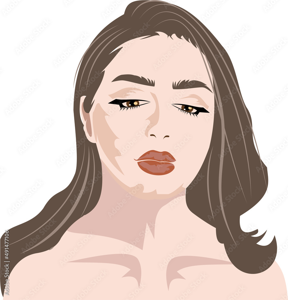 Face of a pretty girl looking down its dense eyelashes and her brown hair shows on her shoulder Face of a pretty girl looking down its dense eyelashes and her brown hair shows on her shoulder