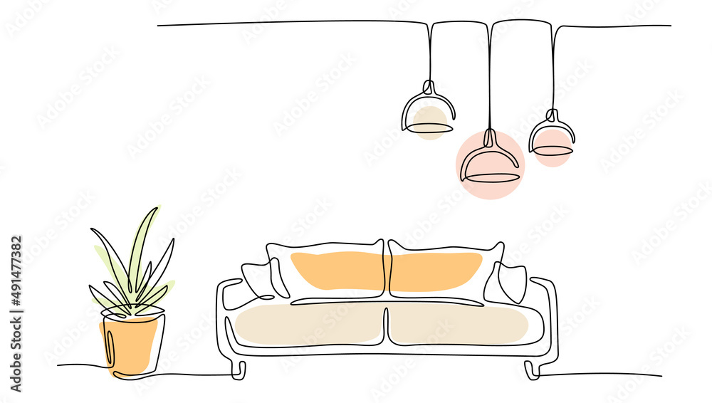 Poster Continuous line drawing of sofa, lamp and plant with abstract ...