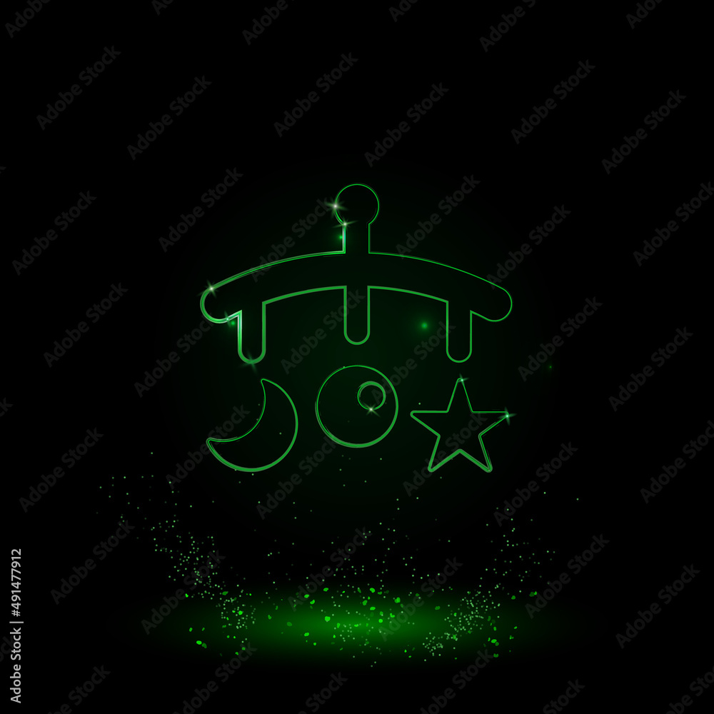 A large green outline baby mobile on the center. Green Neon style. Neon color with shiny stars. Vector illustration on black background A large green outline baby mobile on the center. Green Neon style. Neon color with shiny stars. Vector illustration on black background