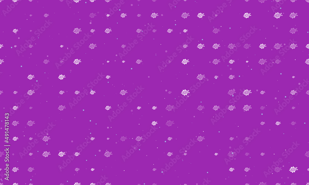 Seamless background pattern of evenly spaced white digital tech symbols of different sizes and opacity. Vector illustration on purple background with stars