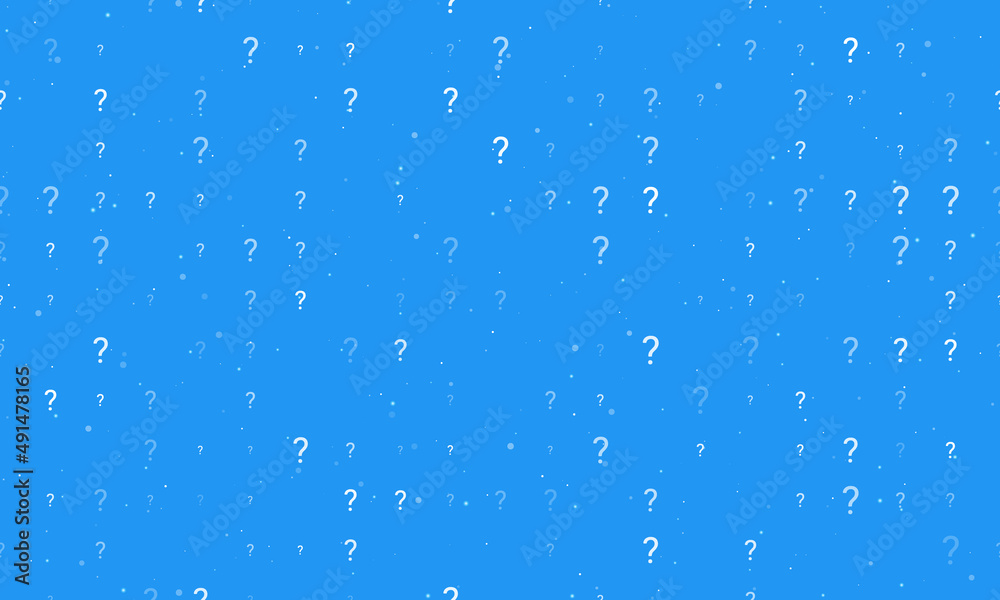 Seamless background pattern of evenly spaced white question symbols of different sizes and opacity. Vector illustration on blue background with stars