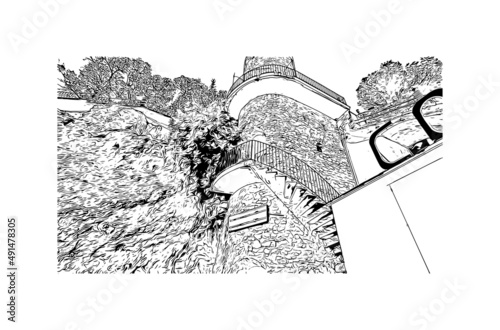 Building view with landmark of Mijas is the municipality in Spain. Hand drawn sketch illustration in vector.