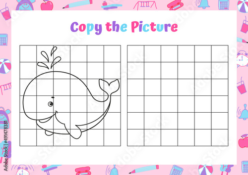 Copy the picture. Cute whale. Drawing activity for kids. Educational game for preschool children. Vector Illustration. 