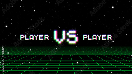 Versus sign with arcade game style with pixel letters over synthwave landscape. 80s styled VS emblem for competition poster.