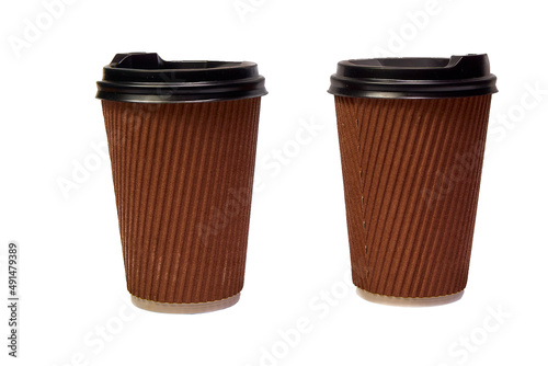 Two disposable paper cups with a lid for coffee or tea on a white background