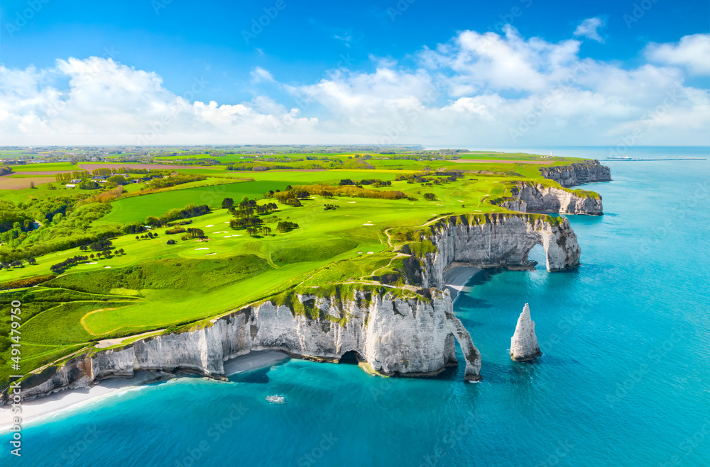 Aerial view of the beautiful cliffs of Etretat. Normandy, France, La Manche or English Channel