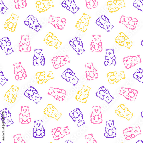 Seamless pattern with sweet jelly bears. Colored candies on white background. Vector illustration.