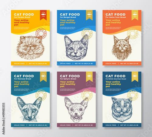 Cat Food Product Label Templates Set. Vector Packaging Design Layouts Collection. Typography Banners with Hand Drawn Domestic Pet Cats Breeds Faces Illustrations Backgrounds. Isolated
