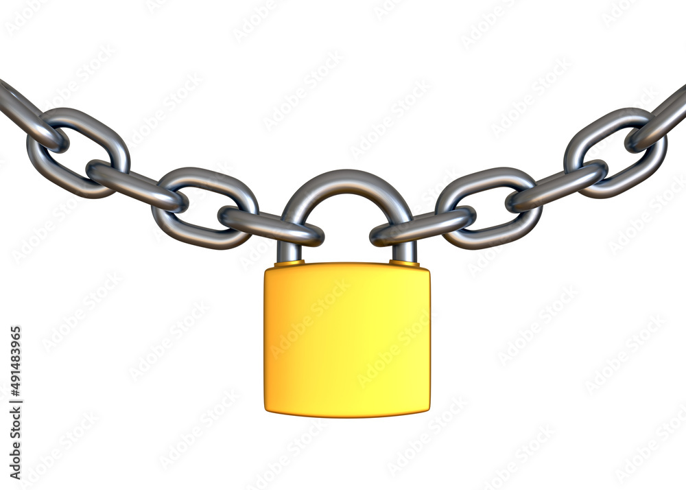 Padlock and chain isolated on a white background. Security concept. 3D rendering 3D illustration Padlock and chain isolated on a white background. Security concept. 3D rendering 3D illustration
