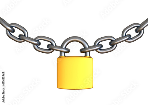Padlock and chain isolated on a white background. Security concept. 3D rendering 3D illustration