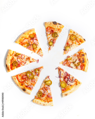 pizza cut into pieces white background