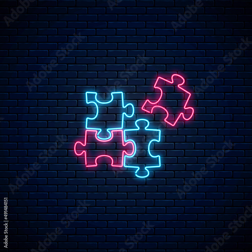 Neon puzzle pieces. Solve puzzle game. Thinking game symbol. Glowing neon icon of logical concept. Vector illustration.