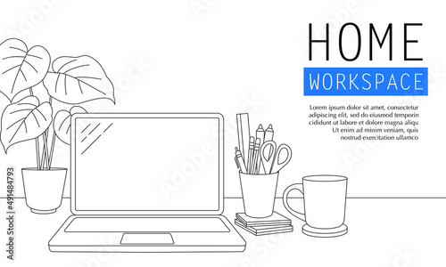 Vector illustration of home work desk in outlined style. Suitable for design element of work from home, freelance workspace, and online seminar.