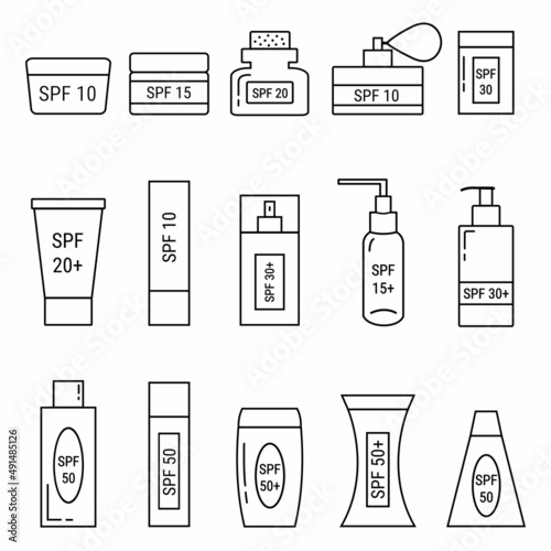Skincare cosmetic products icons set. Vector illustration include icon - cream, collagen, mask, makeup lotion, serum, sunscreen outline pictogram for skincare product. Set of tan products in bottles