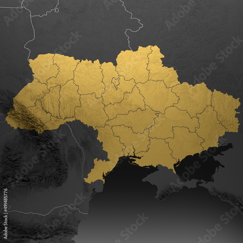Black and gold map of Ukraine with relief and borders