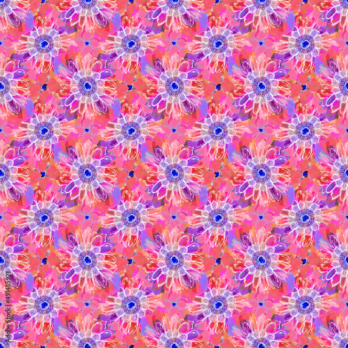 Colorful retro watercolor floral sixties style seamless pattern. Modern fun vintage doodle flower linen background. Playful fun summer boho garden bloom drawing for beach and swimwear fashion. 