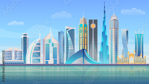 Dubai City panorama skyline. High skyscrapers modern cityscape. Vector illustration.