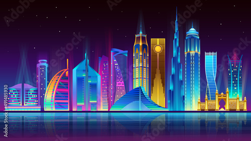 Night Dubai City illuminated by neon lights. Modern buildings and skyscrapers. Vector illustration.