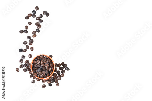 roasted coffee beans on a white background. Overheat shot
