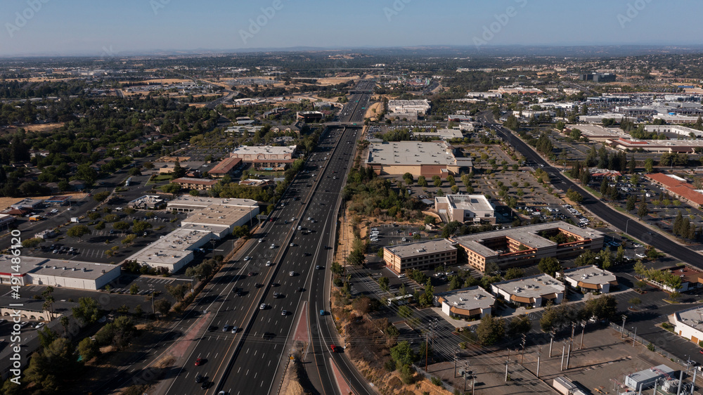 Late afternoon aerial view of the urban downtown core of Roseville, California, USA.