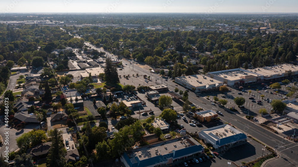 Late afternoon aerial view of the urban downtown core of Roseville, California, USA.