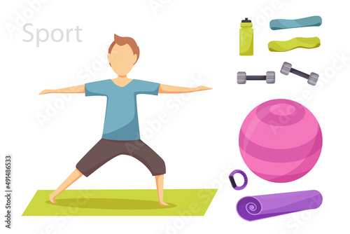Healthy lifestyle, sports equipment, fitness, training concept. The man is doing yoga. Vector illustration for poster, banner, website, advertisement.