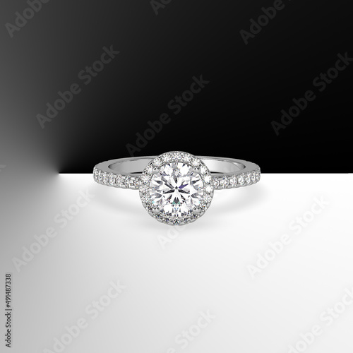 Obraz na plátně gold halo engagement ring with round center stone and side diamonds on shank 3d