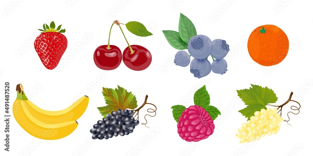 Vector set of fruits and berries on a white background. Fresh and ripe fruits and berries isolated on white background. Vector illustration. Healthy food. Vector set of fruits and berries on a white background. Fresh and ripe fruits and berries isolated on white background. Vector illustration. Healthy food.