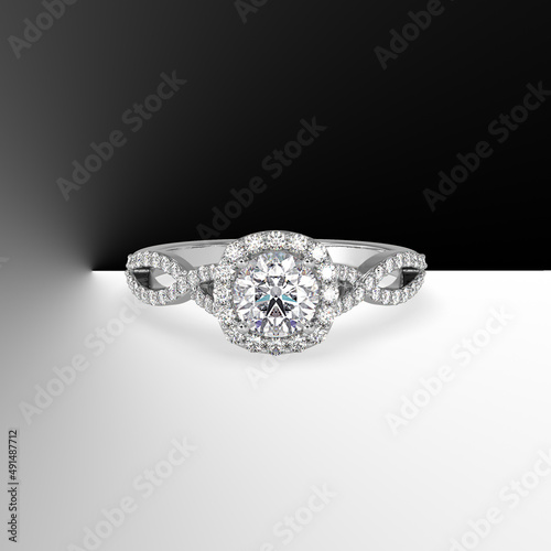 round diamond cathedral engagement ring with side stones on criss cross shank 3d render