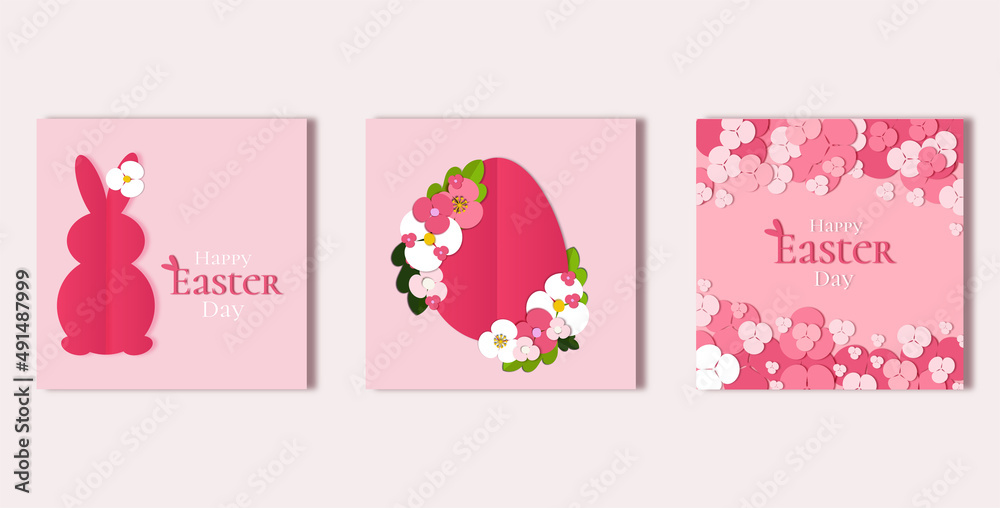 set of cards Easter egg in paper style cut out with different flowers vector illustration.