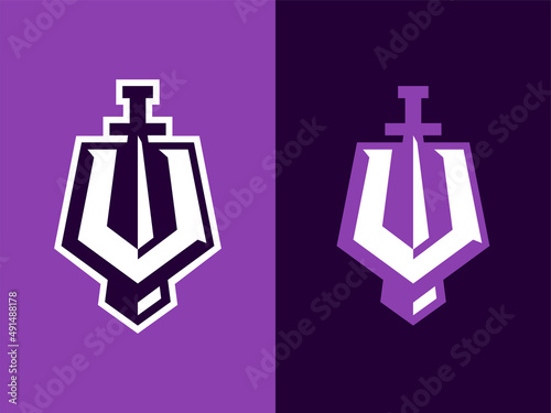 Modern professional letter emblem for extreme games with a sword in the letter V
