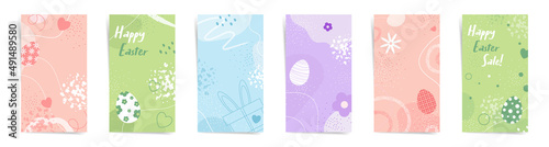 Happy Easter Day sale stories banners fashion template set. Spring design for stories, promo posts. Design with wavy patterns, flowers, easter eggs, abstract shapes in orange, blue, green colors set.