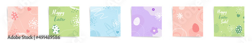 Happy Easter Day sale square post template set. Spring cute design for social promo posts, banners. Design with wavy patterns, flowers, easter eggs, abstract shapes in orange, blue, green colors set.